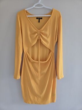 BCBG Mustard Yellow Long-Sleeve Ruched Cutout Dress